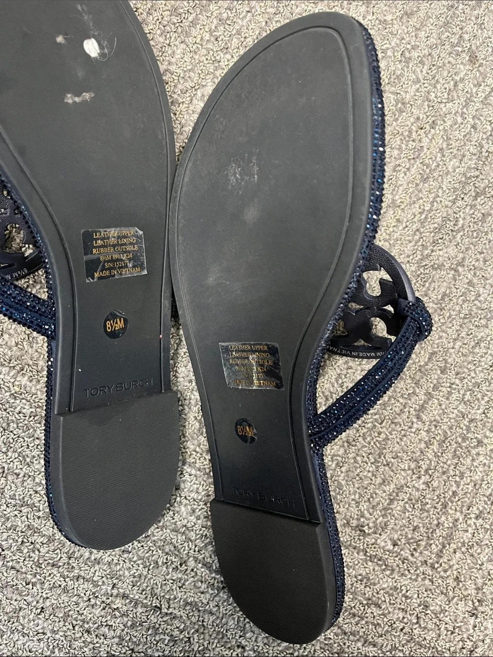 Tory Burch Navy rhinestone Miller Thong Sandals with White Footbed. VG condition